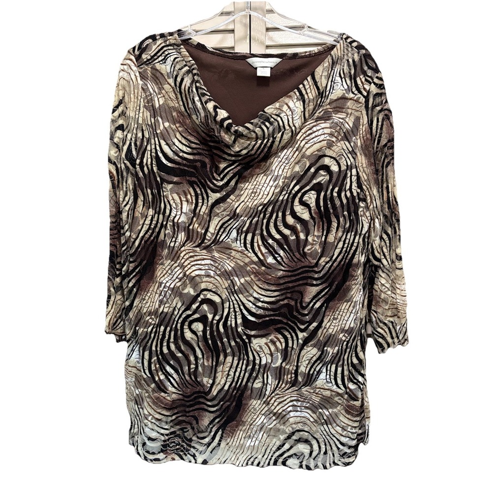 Christopher & Banks Black/Brown Tiger/Floral Lace Lined‎ Long Sleeves Blouse XL